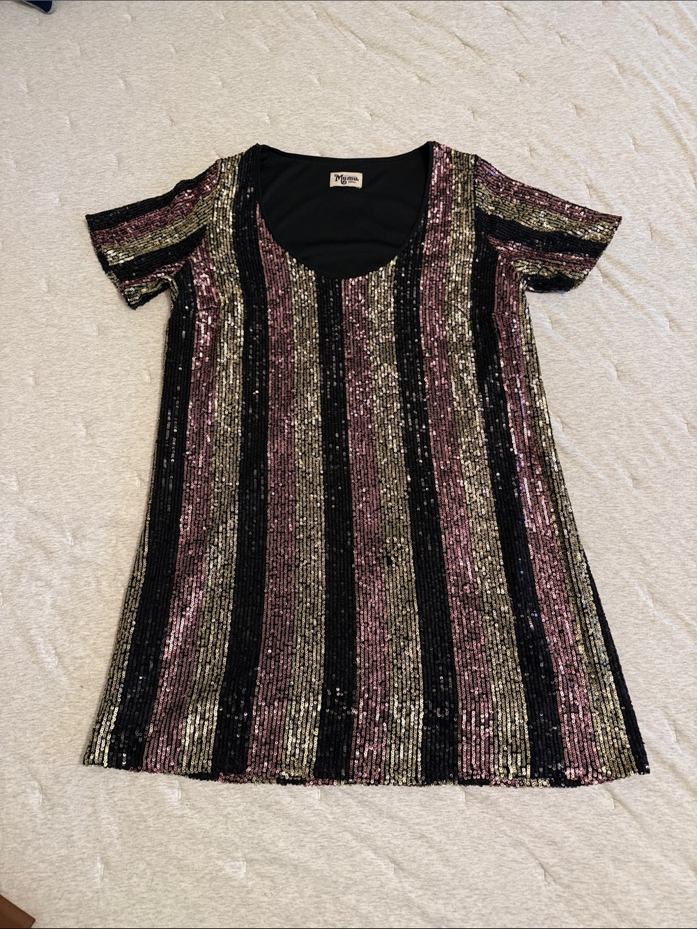 Show Me Your MuMu Sequin Stripe Shift Dress in Black, Pink & Gold